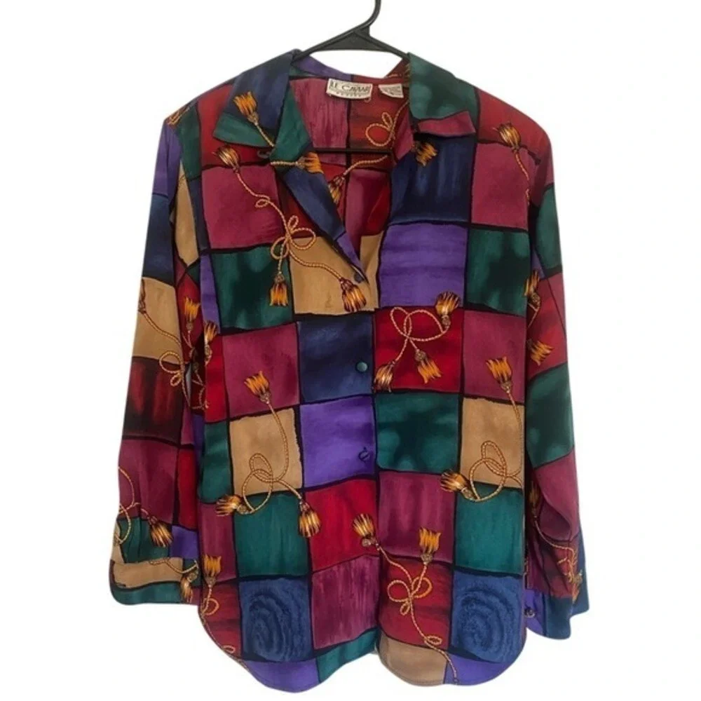 VINTAGE Le Caviar Patchwork Blouse Tassel Print Button Down Top Petite Small‎
